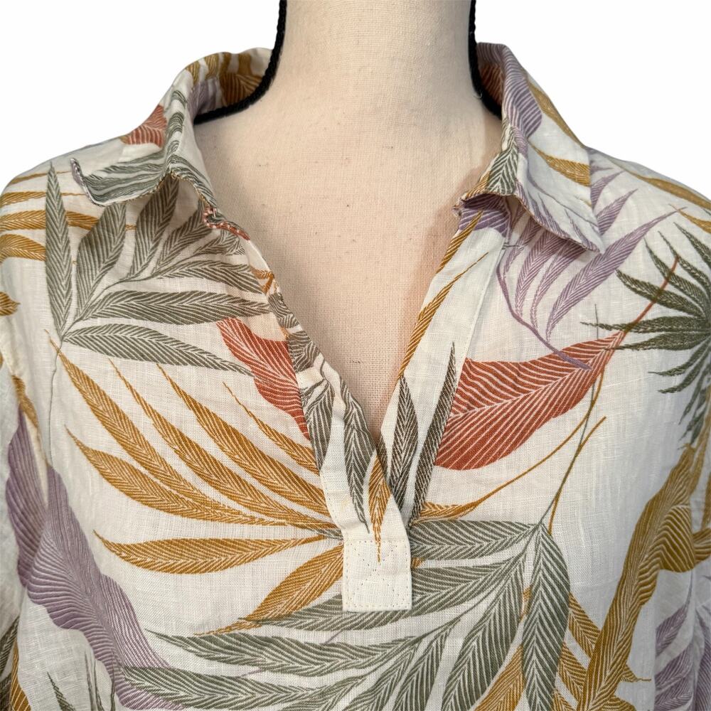 Tahari Wmns Cream Floral 100% Linen Lagenlook Roll Tab Sleeve Tunic Top Sz 1X XL